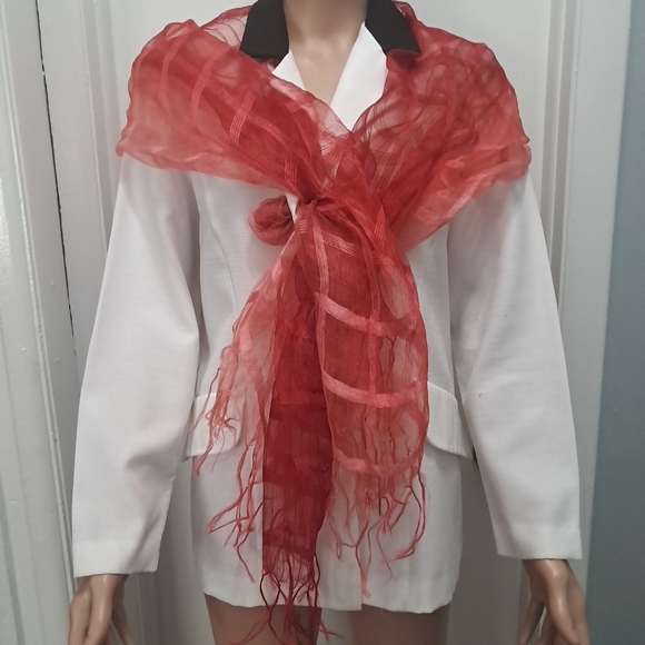 Red 100% silk sheer scarf wrap, lightweight and elegant with fringe ends - Picture 1 of 7